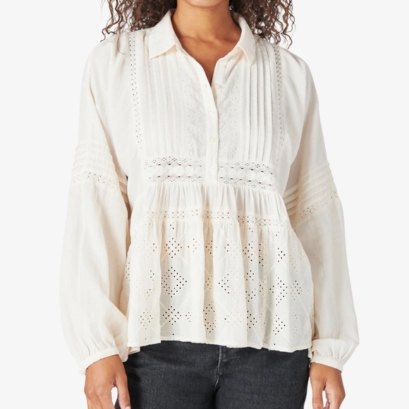 Lucky Brand M Ivory Eyelet Blouse 100% Cotton Prairie Peasant Boho Country EUC - Picture 2 of 11